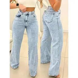 Women's High-Waisted Straight-Leg Stretch Denim Jeans - Comfort Fit, Classic Blue Wash, Soft & Breathable for Everyday Fashion