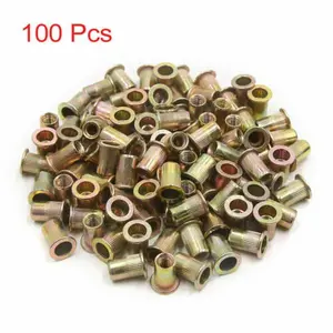 100-Pcs M6 Carbon Steel Knurled Body Flat Head Rivnut Threaded Insert Nuts - Tubular Rivet, Anti-Rotation Design, Clean Threads, More Durable, Permanently Attached for Secure Fastening, Multiple Materials Compatible
