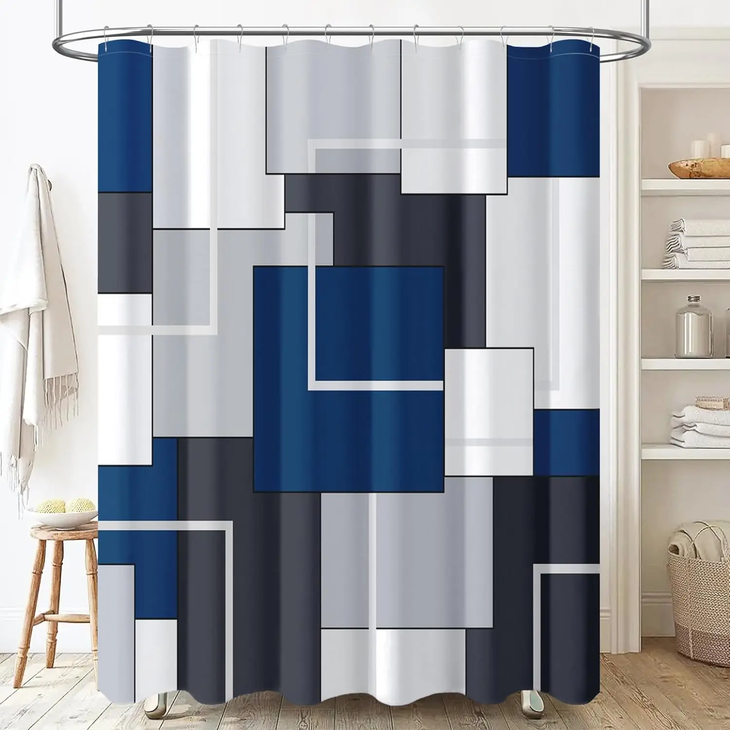 72x72 in Navy Blue Modern Geometric Waterproof Polyester Shower Curtain - Premium Bathroom Fixture Accessory, Decorative, Vibrant Color, Wrinkle-Resistant, Drys Fast, Machine Washable