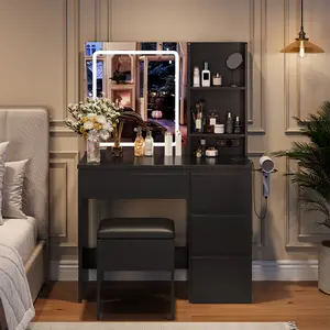 Black Makeup Vanity Desk with Lighted Mirror, Adjustable 3-Color LED Lighting, 4 Drawers, Power Outlet, Storage Stool, Shelves & Hair Dryer Holder, Complete Dressing Table Set for Bedroom