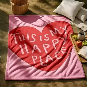 1 piece Happy Homeland Red Heart Slogan Design themed flannel blanket - Microfiber comfortable flannel sofa blanket, suitable for beds and sofas, all-season use, modern design, digitally printed pattern, 100% polyester material, machine washable