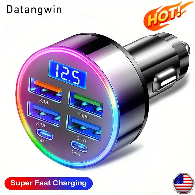 【summerfinds】USB Car Charger 6-port USB Fast Car Charger LED Voltage Display Portable Flash Charging Charger Car Accessories Multiple Devices Overheat Protection