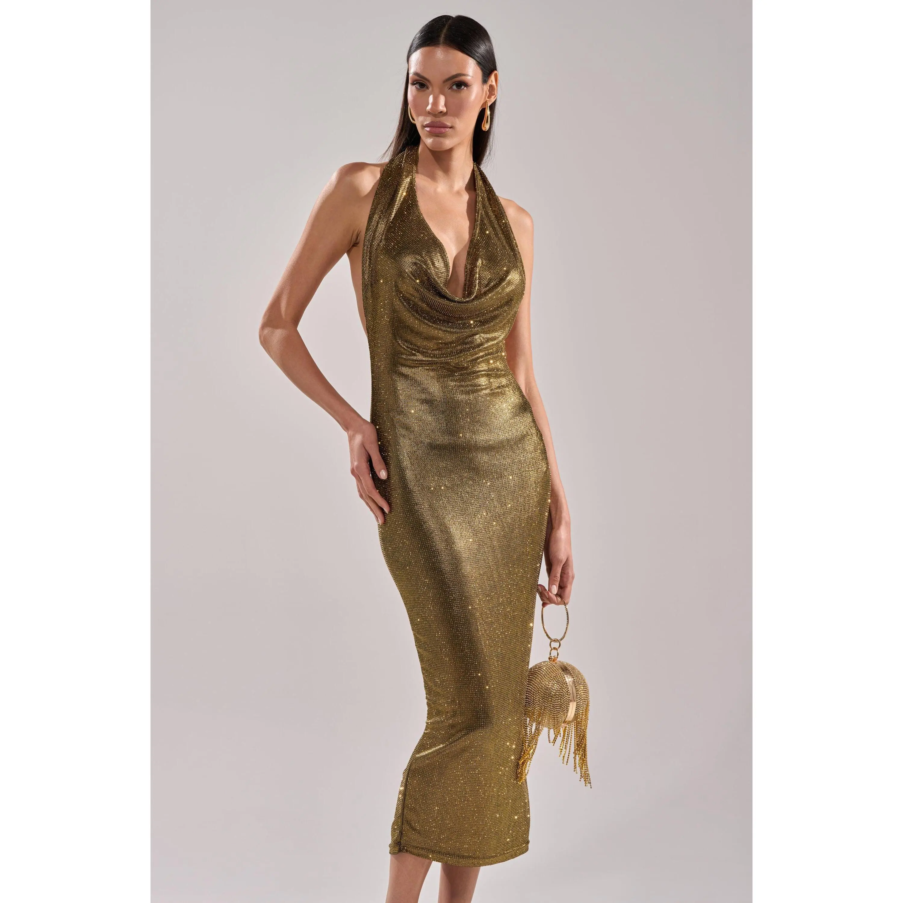 POPPIN' BOTTLES RHINESTONE MAXI DRESS IN GOLD