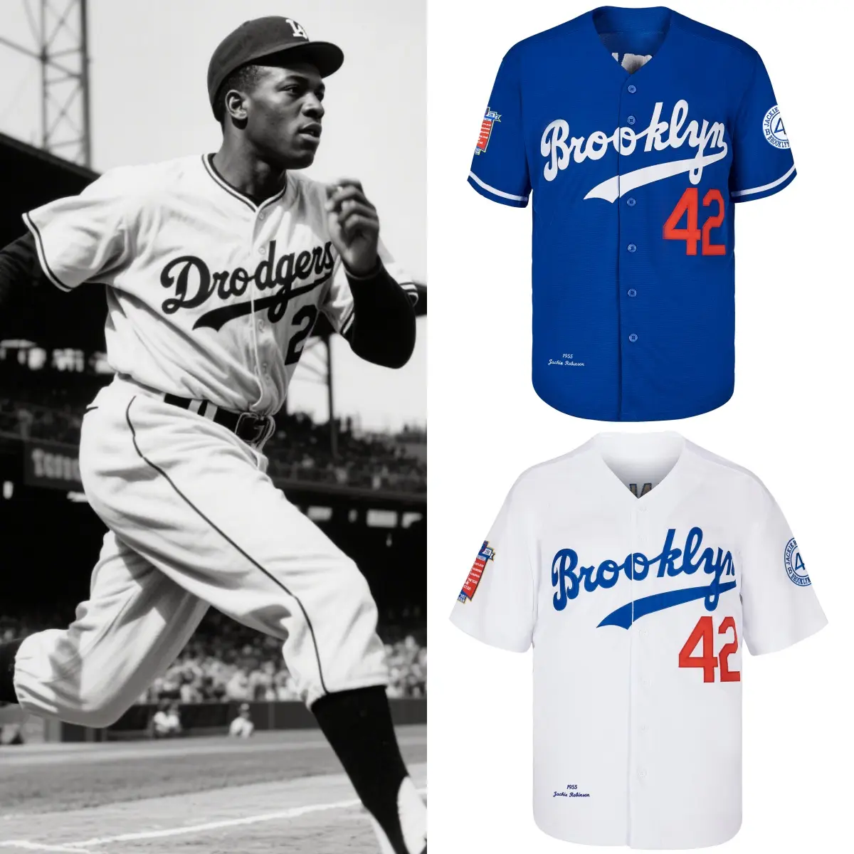 Men's Jackie Robinson #42 Vintage Embroidered Blue White Baseball Jersey - Button-Down, Short Sleeve, Elastic Fabric, Loose Cut, Front Buckle, Casual Wear, Multi-Size S-3XL, Fan Clothing, Do Not Dry Clean