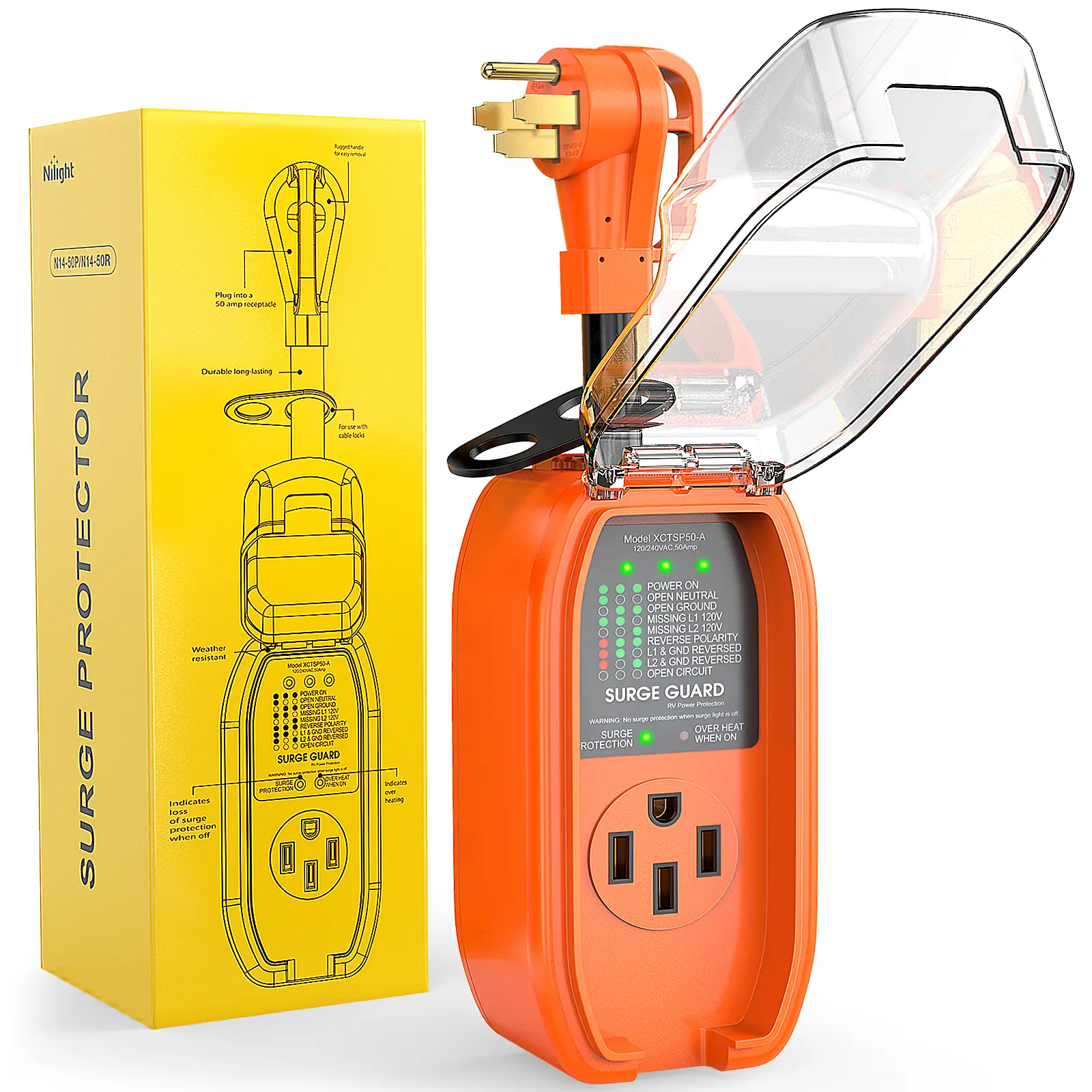 Nilight 50Amp RV Surge Protector Circuit Analyzer 4200 Joules Voltage Monitor High Low Spikes 125V/6250W ETL Listed with Extension Cord for RVs Camper Van