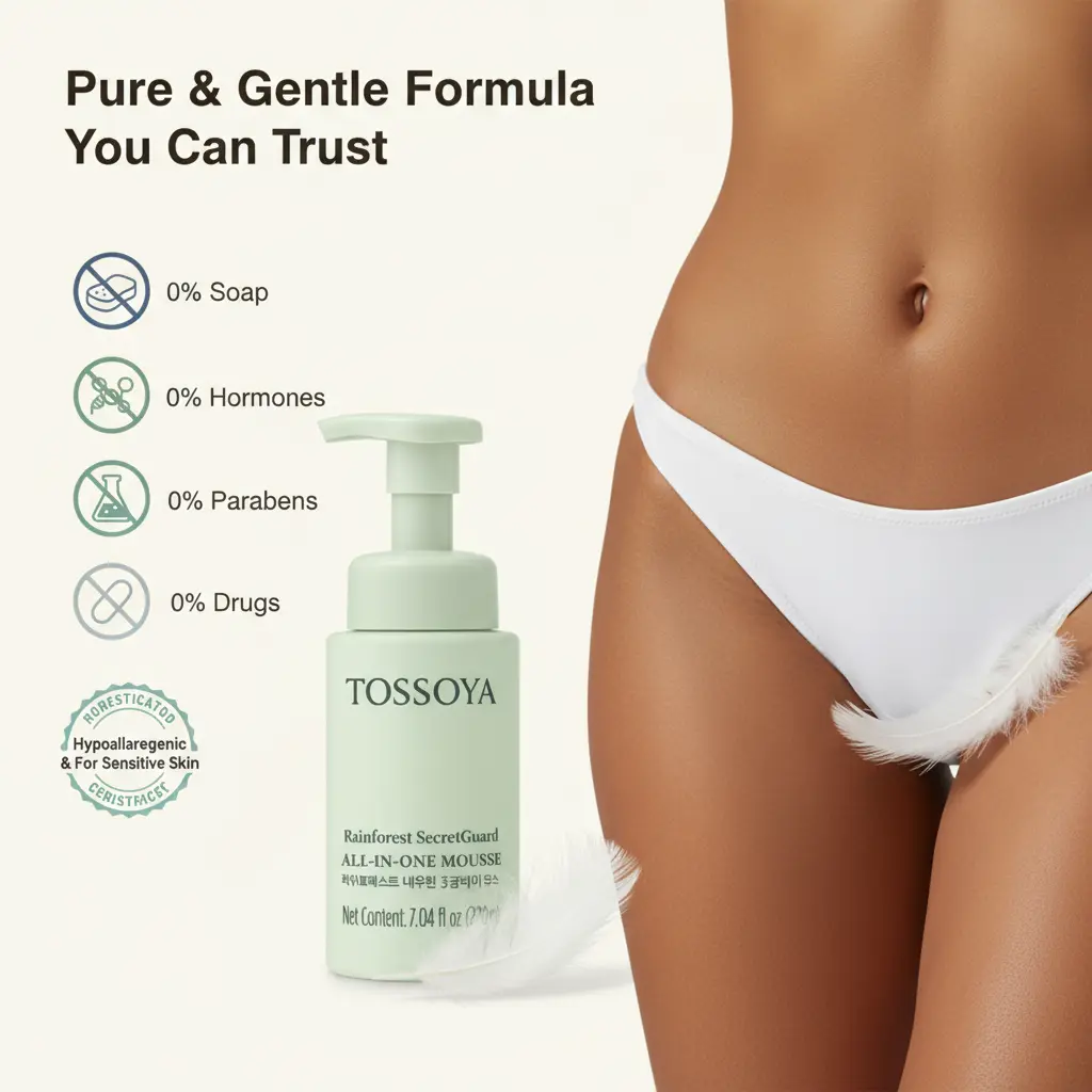 TOSSOYA Women’s Intimate Cleansing Foam – pH Balanced with Prebiotics & Natural Plant Extracts, Gentle Formula for Odor Control & Daily Care, Soap-Free, Non-Hormonal, Moisturizing & Soothing Cleanser for Sensitive Intimate Area