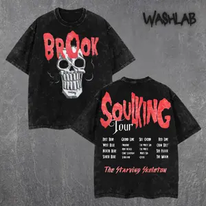 Retro Brook "SoulKing Tour" Tee Washed – Double Sided Print Oversized Acid-Washed Heavyweight Cotton T-Shirt – Unisex Anime Tee, Perfect Gift for Anime Fans and Lovers Menswear Tops