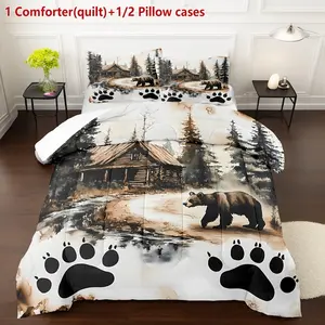 3-piece rural forest animal bedding set, 200gcm quilted filling (1 blanket+2 pillowcases) without pillow core, soft farmhouse forest theme blanket, hunting animal bedding set - universal decoration for home rooms Bedspread Set
