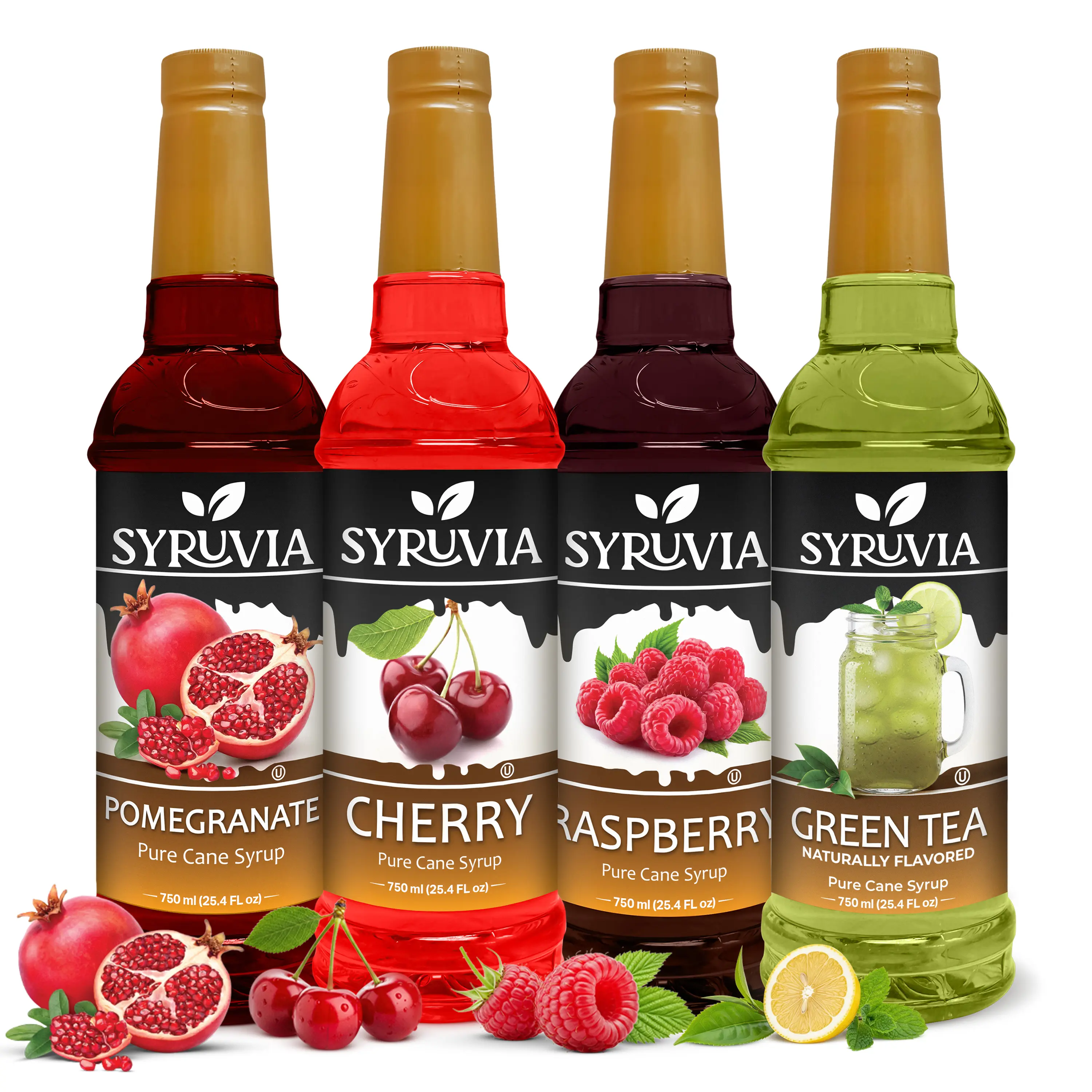 Syruvia Refreshing Fruit Sweet Cane Sugar Flavor Collection Variety Pack - Pomegranate, Cherry, Raspberry & Green Tea Syrups - For Iced Teas, Lemonades - 25.4 oz (4 Pack) - Dessert & Raspberry Syrups & Concentrates