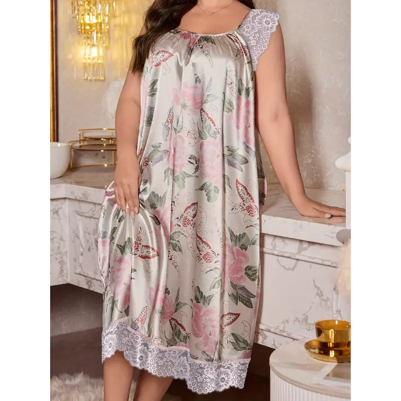 Women's plus size home clothing sleepwear set plus size women's elegant and comfortable thin shoulder strap sleepwear, sleepwear home set, ice silk loose nightgown