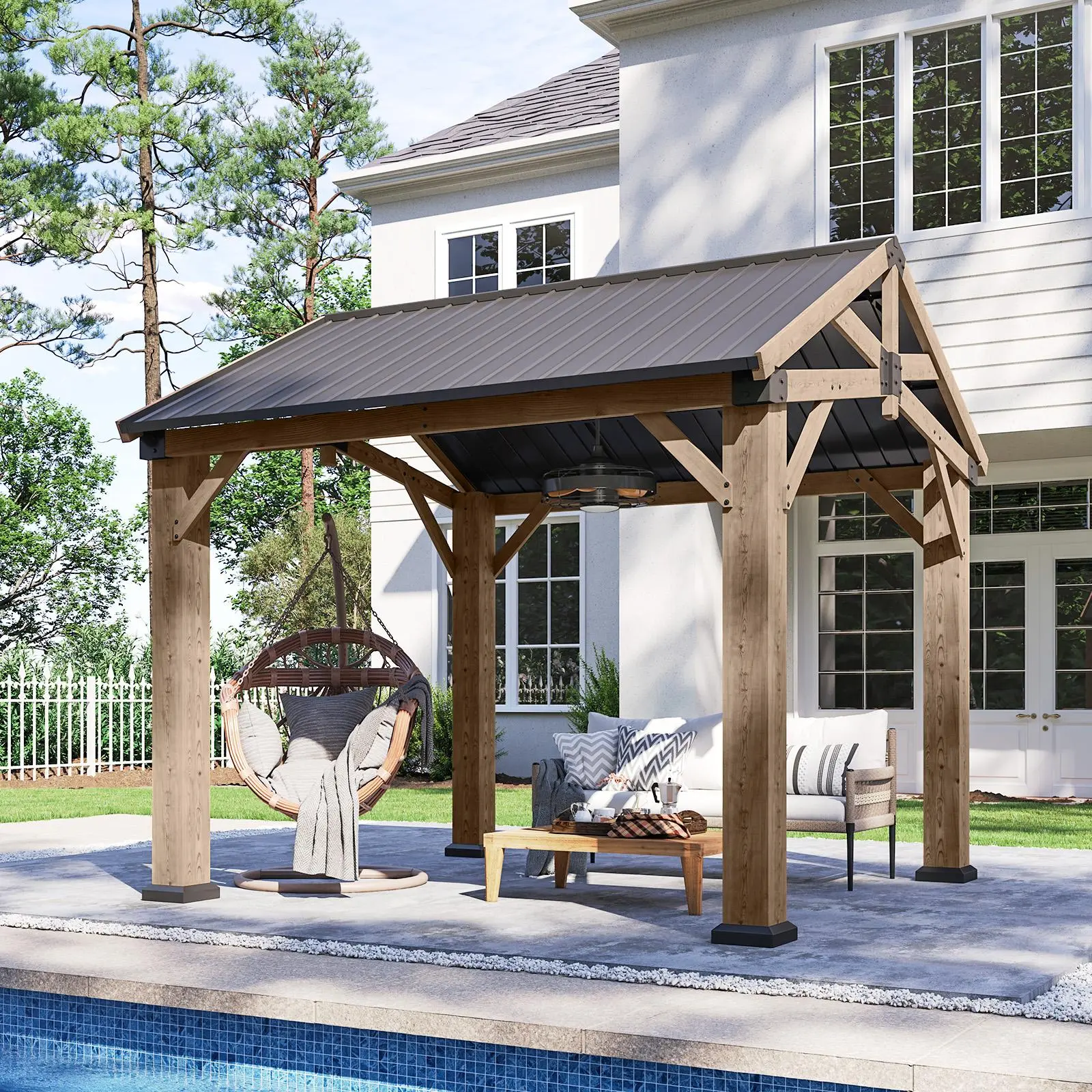 Aoxun 10'x10' Permanent Cedar Wood Gazebo, Heavy-Duty Enclosure Garden Building with Galvanized Steel Hardtop Gable Roof for Outdoor Patio, Garden, Backyard, Enclosure Garden Buildings summerwins