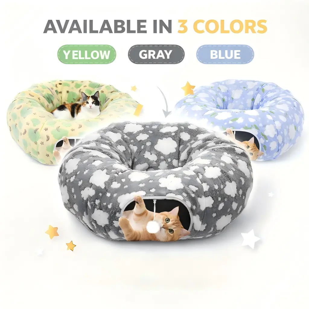 Cat Tunnels for Indoor Cats, 35'' Plush Cat Tunnel Bed Christmas Tree Skirt with Playful Ball and Circle Cushion, Foldable Peekaboo Cave, Interactive Toy,