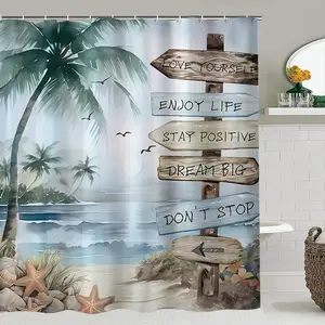 Creative Beach Theme Bathroom Decor Set, Bathroom Decoration Accessories, Includes Shower Curtain, Bath Mat, Toilet Seat Cover, Waterproof, 12 Hooks, Christmas Gift, Shower Curtain Sets