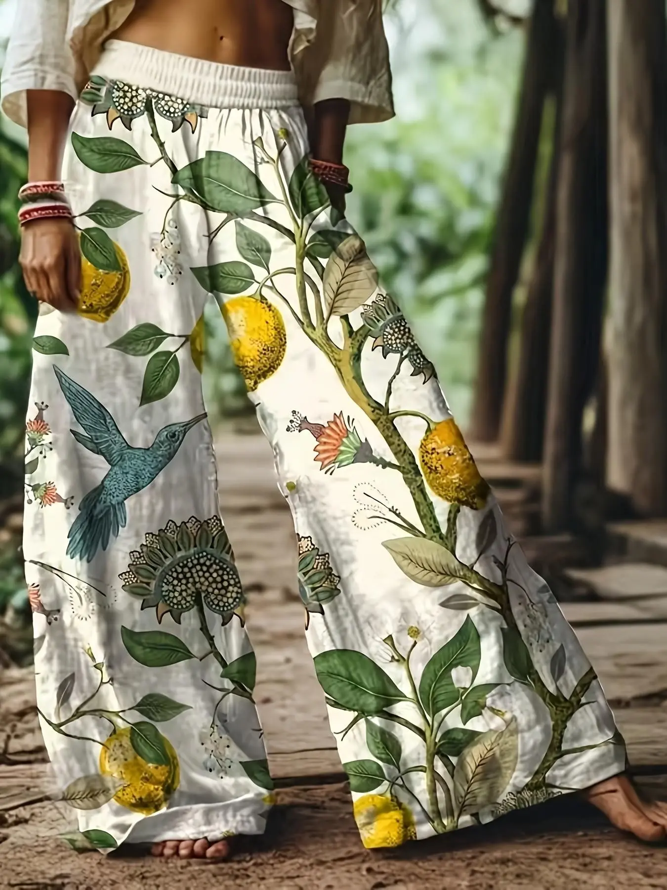 Women's Floral Print Casual Bohemian Boho Wide Leg Long Pants, Loose Fit, Baggy, Oversized, Elastic, Comfortable Breathable Fabric, Ideal for Vacation, Home, Daily Wear, Suitable for Spring, Summer, Fall