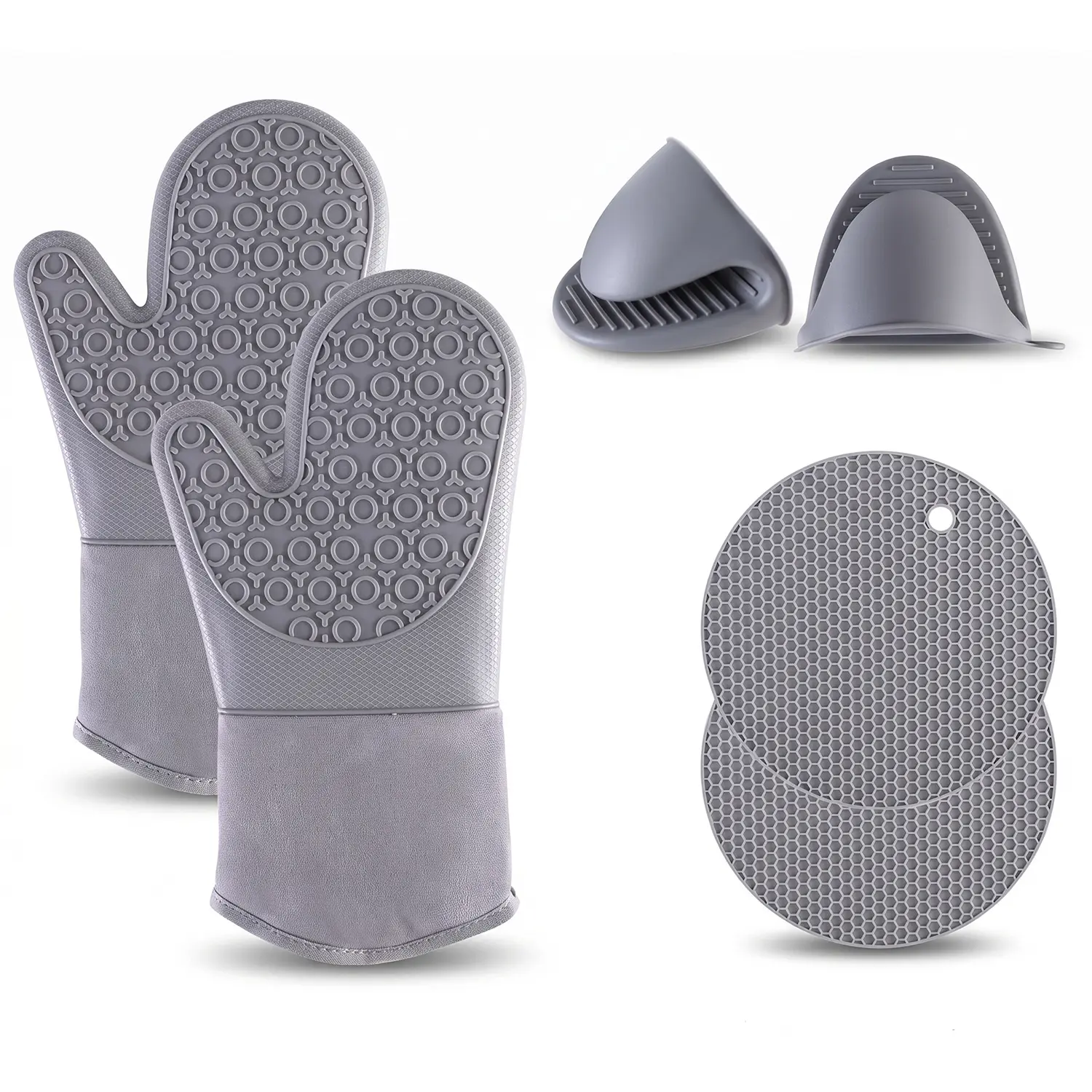 6pcs Kitchen Oven Mitts and Pot Holders Set - Extra Long Silicone, 500-Degree High Heat Resistant, Non-Slip, Waterproof, Washable Bakeware Accessories with Hanging Loop for Baking, Cooking, Machine Washable, Water Proof, Honey Comb