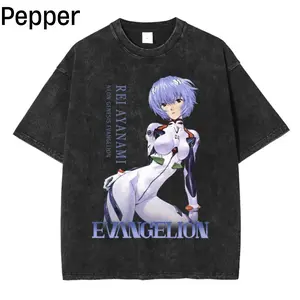 Evangelion Ayanami Rei Vintage Tee, Washed Anime T-shirt, Workout T-Shirt, Gift for Him, Weightlifting T-Shirt Menswear Top Underwear Tshirt Streetwear Tropical Round Neck Crewneck
