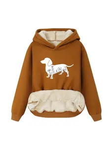 Women's Cartoon Dachshund & Floral Print Plush Hoodie, Casual Long Sleeve Thermal Lined Hooded Sweatshirt for Fall & Winter, Women's Clothes for Daily Wear, Hooded Top