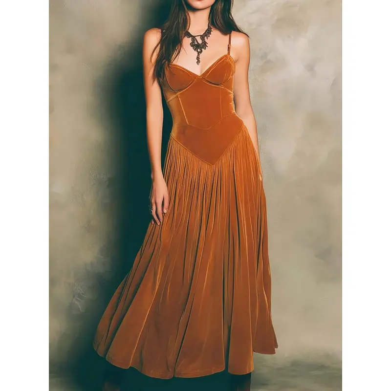 Women's Vintage Velvet Fabric Thin-Strap Basque Waist V-Neck Long Dance Dress - Elegant Retro Style for Parties, Special Occasions
