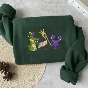 Mardi Gras Embroidered Sweatshirt, Alligator Pelican Crawfish Louisiana Crewneck, Festive Carnival Embroidery, NOLA Celebration