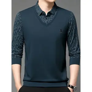 Men's Casual Long Sleeve Layered-Look Polo Shirt with Embellished Alphabet Pattern, Polyester Blend (94% Polyester, 6% Spandex), Lapel Collar, Slight Stretch, Button Detail - For Spring/Fall Wear - Suitable for Men - Stylish & Comfortable K Solid polo men