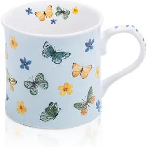 Colorful Butterfly & Floral Coffee Mug - 12 oz     Blue  Cup, Elegant Ceramic Mug  for Women, Mom & Butterfly Lovers - Designed in England by Harvest Green Studio