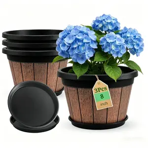 3 Vintage Plastic Plant Pots, Whiskey Barrel Design with Drain Holes, Ideal for Outdoor Indoor Gardens, Home Plants