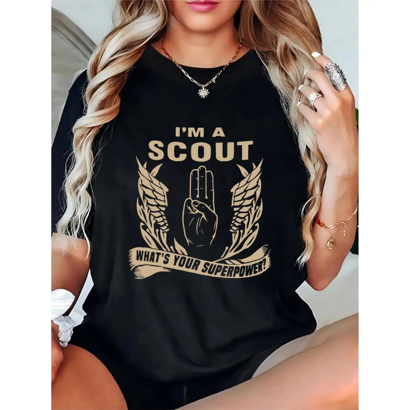 Women's "I'm a Scout What's Your Superpower?" T-Shirt, Scout Hand Sign & Wings Graphic, Casual Daily/Scout Gathering Top for Women