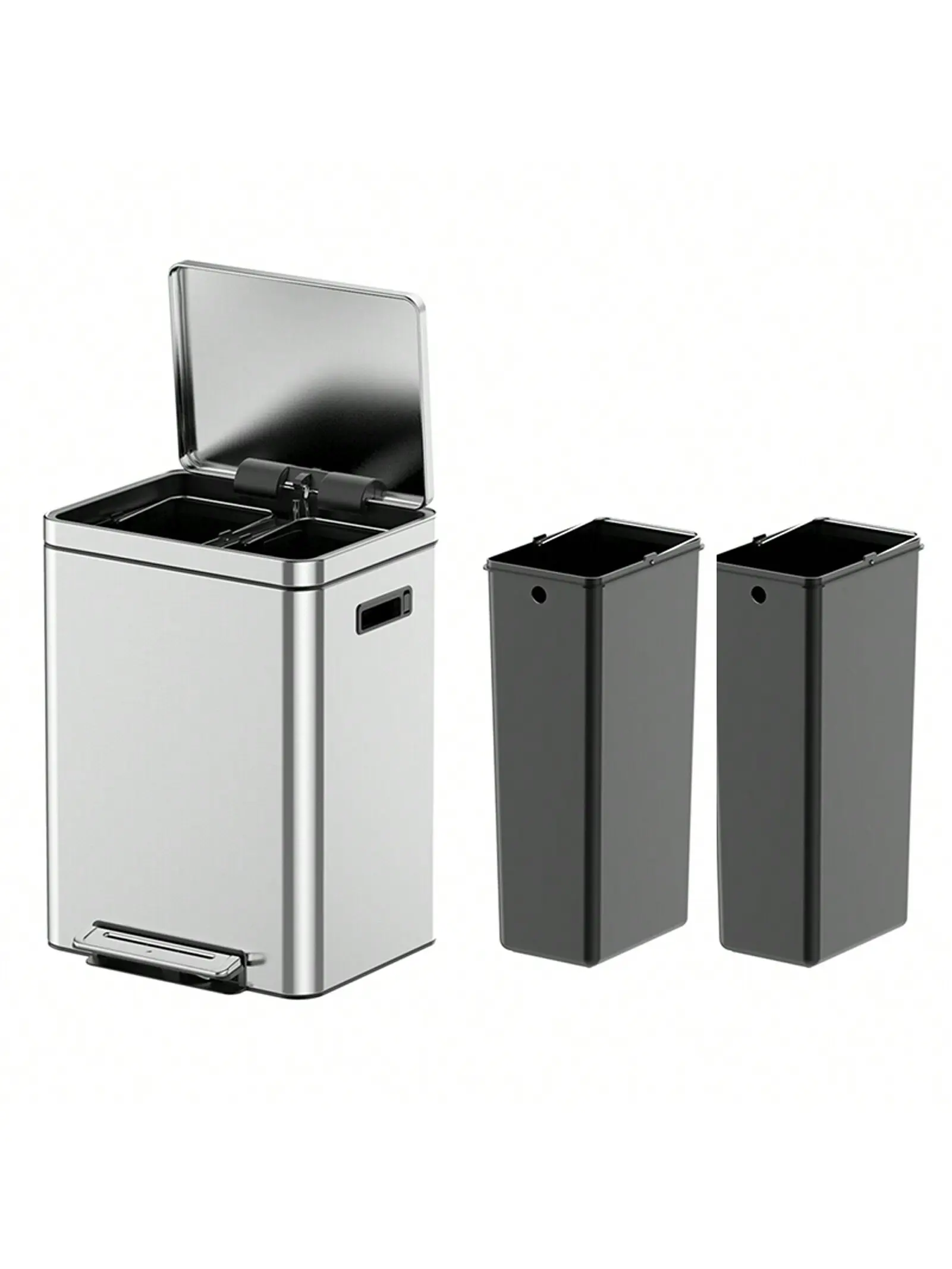 【Christmas Gift】Dual Trash Can, Rectangular Waste Basket With Metal Lid & Step Foot Pedal, Double Compartment Classified Garbage Can, Stainless Steel Trash Can With Removable Inner Bucket, 3 Sizes For Choice, 2*5.3 Gallon, 2*4.8 Gallon, 2*4 Gallon