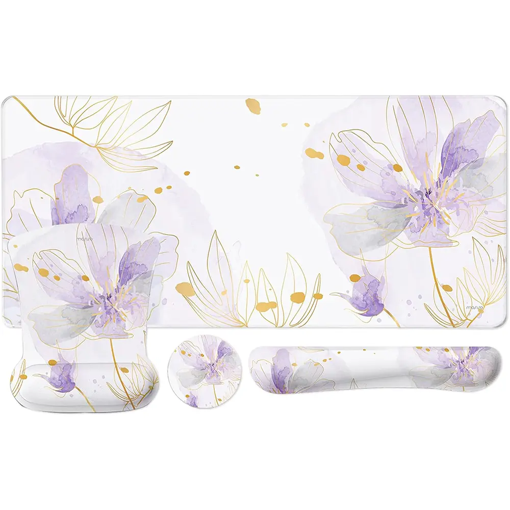 MOSISO Desk Pad Mat & Keyboard Mouse Pad Set - Ink Petals Cartoon Fabric Cloth Ergonomic Non-Slip Memory Foam Set with Keyboard Wrist Support, Mouse Wrist Rest, Coaster for Home Office, Gaming Mousepad, Cute