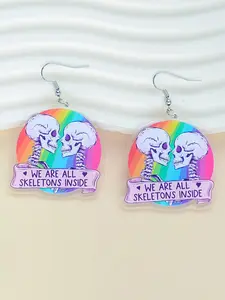1 Pair Acrylic Dangle Earrings for Girls, "We Are All Skeletons Inside" Rainbow Skull Design, Cute Fashion Jewelry, Unique Personalized Gift, Stainless Steel Hooks, Transparent, Halloween Accessories