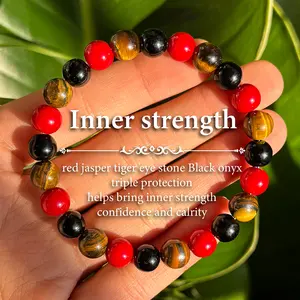 Inner Strength 8mm Natural Gemstone Bracelet - Red Jasper, Tiger Eye & Black Onyx Beads - Triple Protection Grounding Energy Chakra Meditation Yoga Jewelry for Women & Men - Vintage Boho Sports Style Accessory, Ideal Gift for Boyfriend or Couples SpringSt