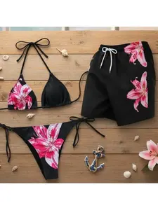 Matching Swimwear Set for Couples - Bra Bikini & Men's Beach Shorts, Stylish for Summer Vacation Gift For Him and Her #coupleswimwear#coupleoutfits