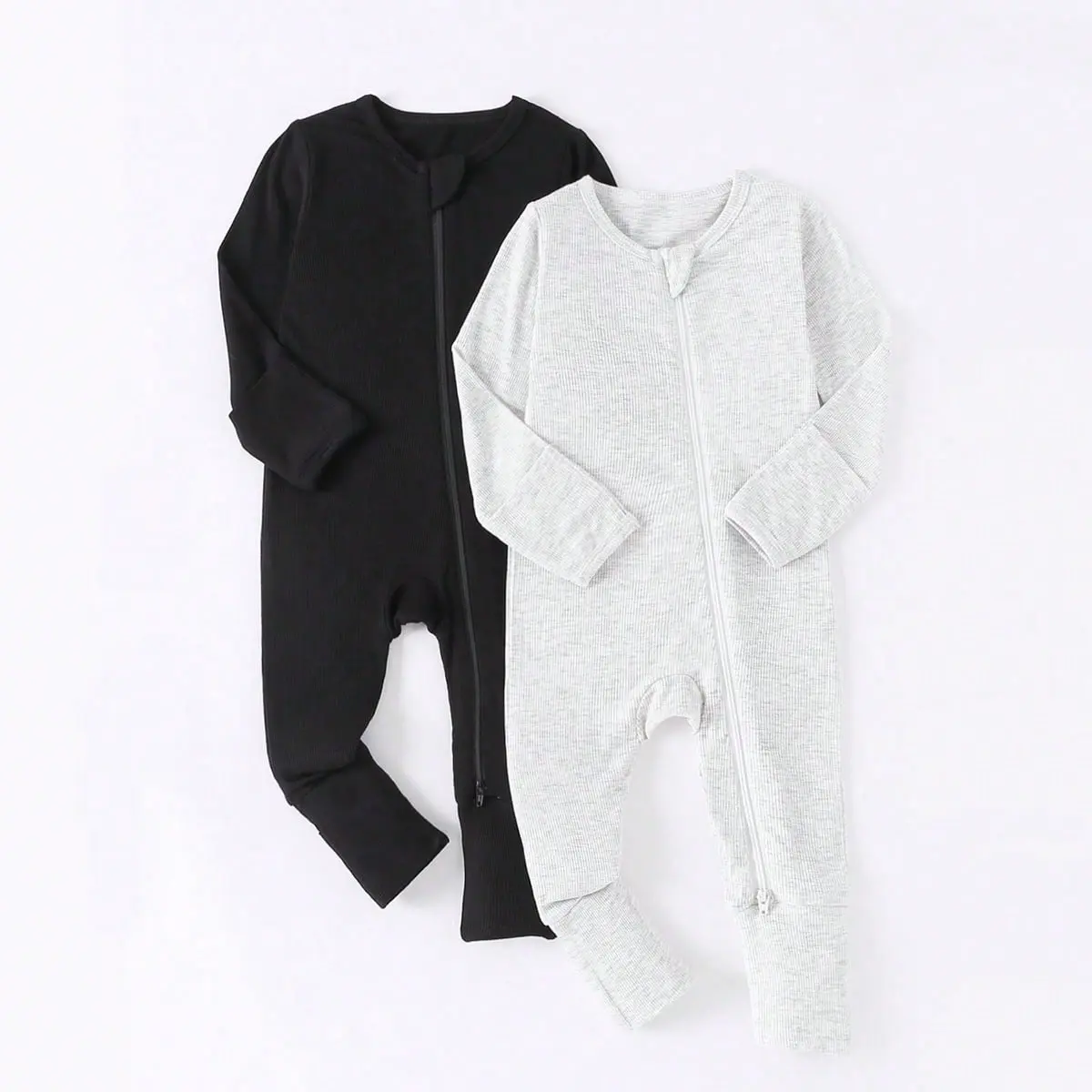 JUNBLEBABY Baby Girl 2pcs/Set Bamboo Fiber Ribbed Zipper Jumpsuit Soft Breathable Skin-Friendly Highly Elastic Long Sleeve & Long Pants Double-Ended Zipper Coverall With Foldable Sleeve & Foot Covers Baby Clothes Girl Baby Clothing, Two Way Zipper Onesies