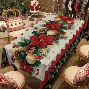 Rectangular Christmas Tablecloth with Poinsettia Design, Festive Holiday Decor for Dinner Parties & Celebrations, Perfect for New Year Events, Party Decor