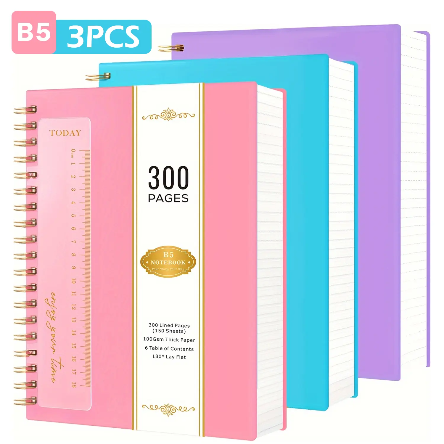 300 Pages 3 Pack B5 Spiral Journal Notebook, 100GSM Thick Paper Hardcover Notepad, 7.5 X 10.1in PVC Cover College Ruled For Women School Work Travel