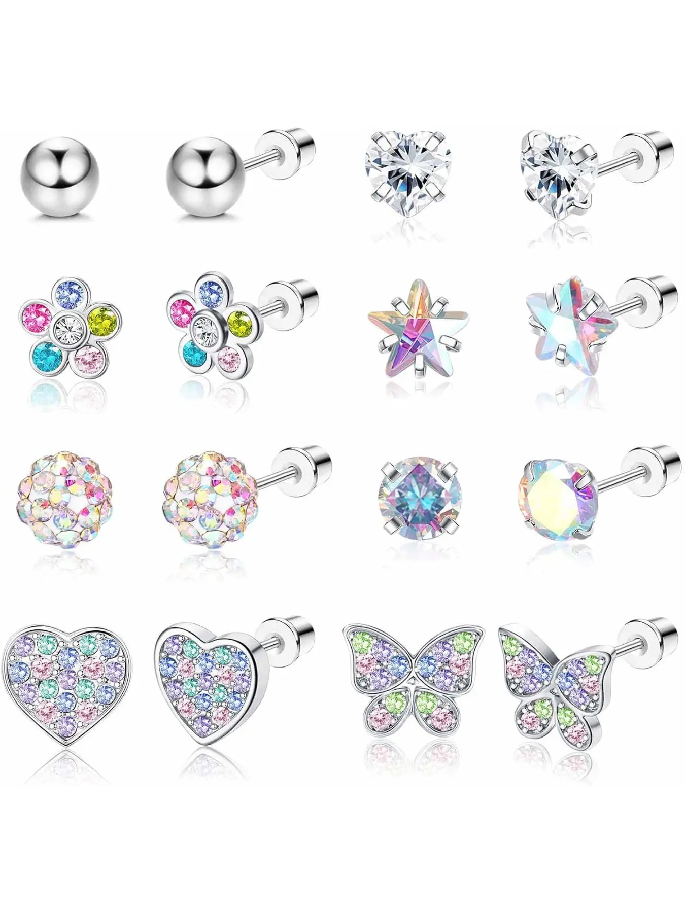 Hypoallergenic Earrings for Girls Women Stainless Steel Stud Earrings for Sensitive Ears Flat Screw Back Earrings Set Earring Stacking Set Butterfly Earrings Cute Girls Kids Earrings Toddler Earrings Jewelry for Teen Girls Shining Earrings Ear Accessories