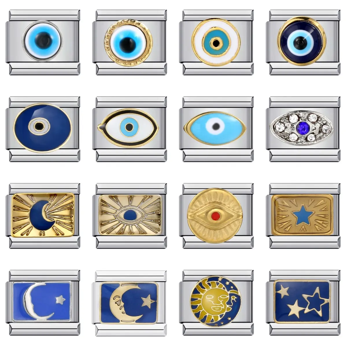 Hot URING 2026 Fashion Blue Glaze Eye Sun Moon Star Charm Italian Links Fit 9mm Stainless Steel Bracelet Making DIY Jewelry Gift for love