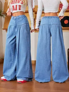 Women's Casual Loose-Fitting Denim Wide-Leg Pants, Boho Water Washed Jeans with Pockets, Zipper & Button Closure, All-Season Wear, Everyday Trouser