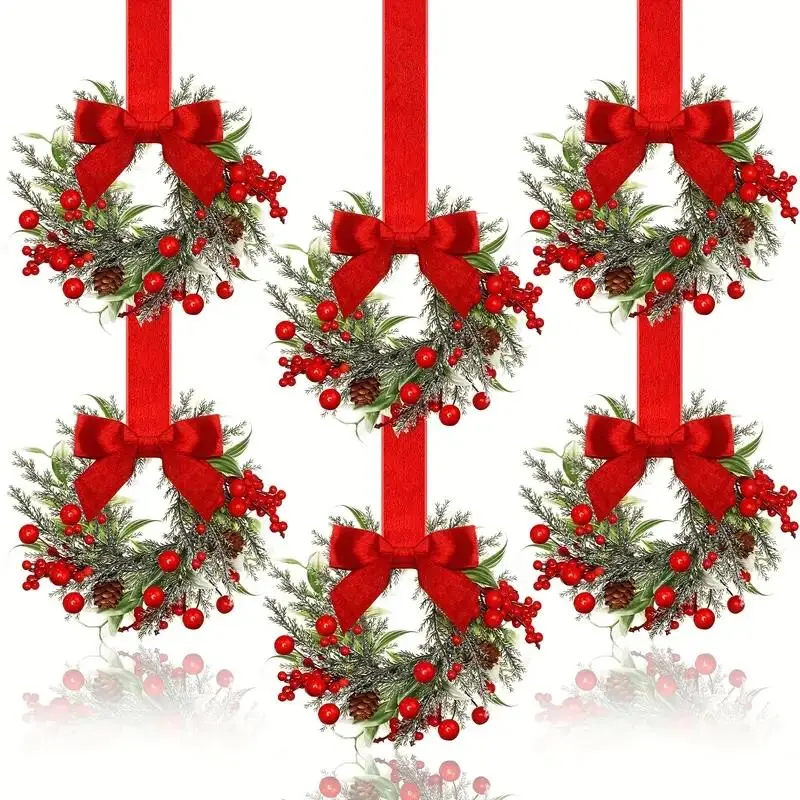 6-Pack Christmas Mini Window Wreaths with Ribbon Bows & Red Berries - Small Cabinet Hangers, Farmhouse Style Kitchen Door Decor for Christmas Party Arrangements farmhouse style kitchen door decor 6-pack christmas mini window wreath