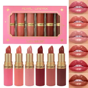 6pcs/set Diamond Pink Lipstick Chocolate Brown Metallic Glitter Lipstick Long-Lasting Shimmer Pearl Sparkling Lip Gloss Glitter Lipgloss Makeup