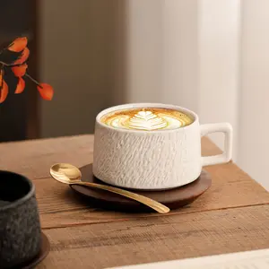 230ML Ceramic Coffee Cup Set, Matte Stone Texture, Handmade Mug with Square Handle, Round Vintage Style, Home Office Use, All Seasons, Espresso Cups, Beverage Cup Set