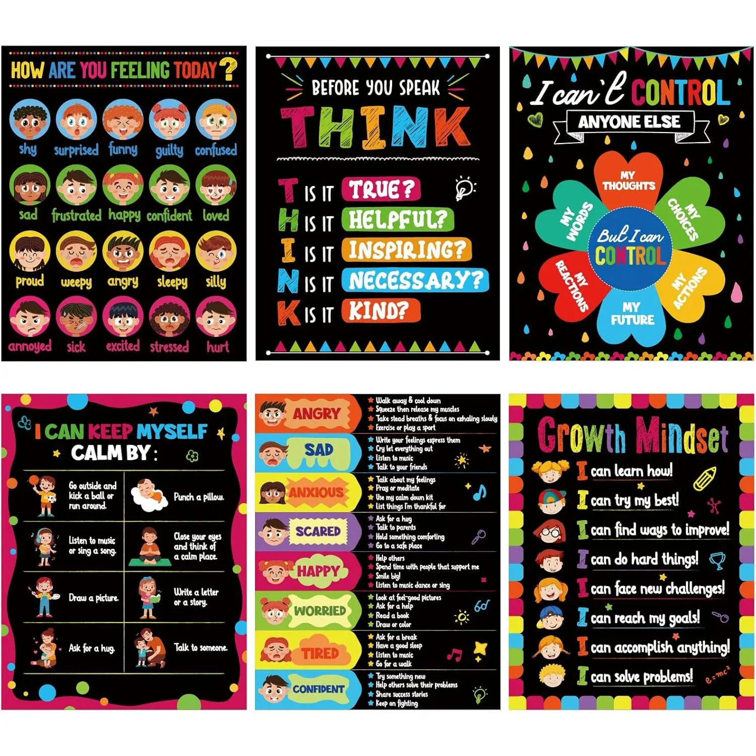 6-Count Feelings Posters (36*28 cm/14*11 inch) - Elementary School Classroom Supplies, Visual Learning Tools, Behavior Management Wall Art, Emotional Regulation Storybook-Inspired Decor with Coping Strategies