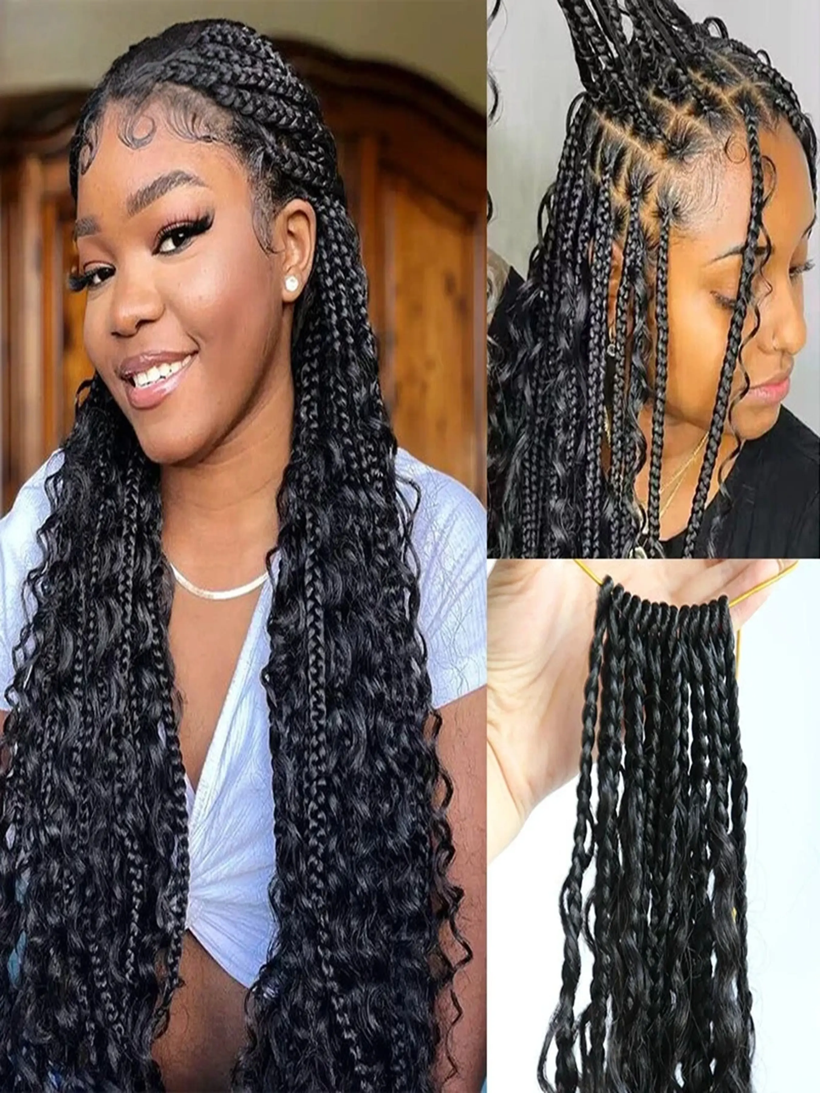 Bohemian Women's Crochet Braid Synthetic Hair Wig, Frontal Full Lace Curly Goddess Box Braids, Sensational Hairpiece for Daily Wear