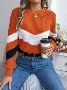 Chevron Stripe Color Block Round Neck Sweater