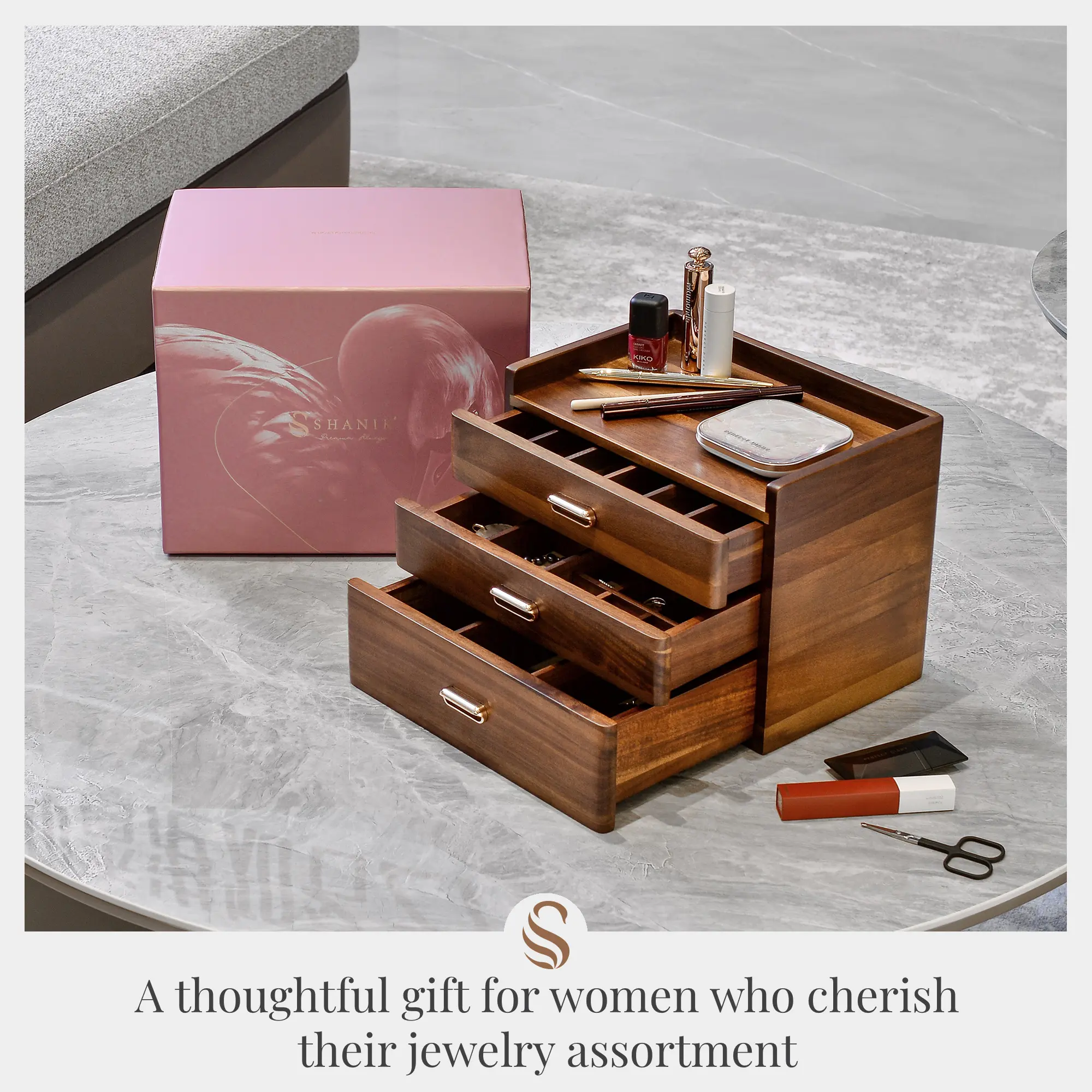 Custom Engraved Wooden Jewelry Box with Drawers, Large Capacity 3 Drawer Multiple Compartments Organizer for Women's Jewelry Collection