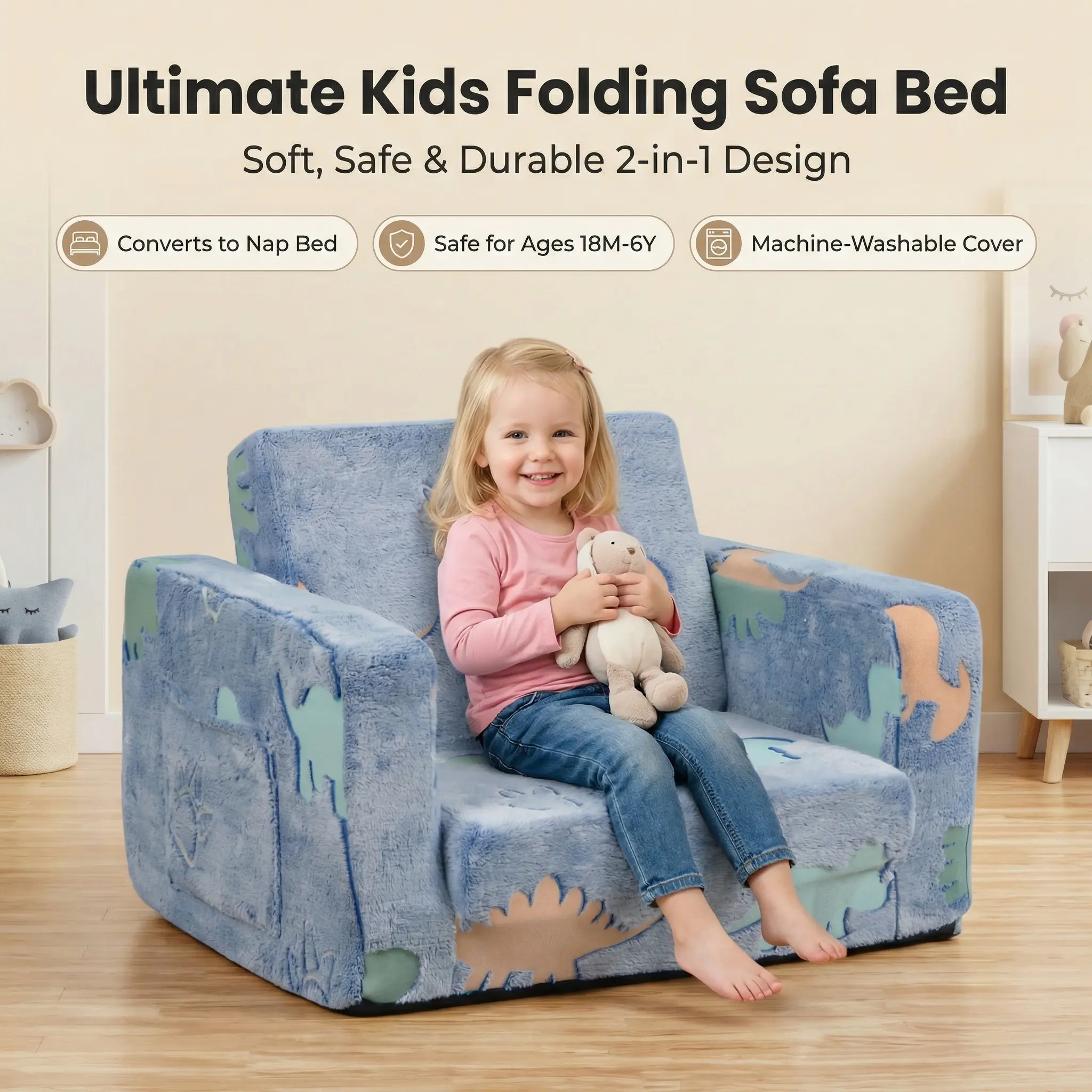 Blue Dinosaur 2-in-1 Foldable Kids Sofa Bed, Soft Plush Washable Cover Toddler Couch with Storage Pocket Safe Edges, Vacuum Rebound Convertible Lounge Chair for Playroom Bedroom Ages 18M-6Y