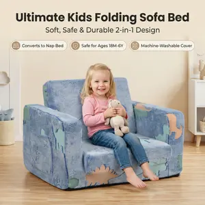 Children's sofa folding chair, blue dinosaur pattern, easy to assemble and clean, suitable for living room, bedroom, children's room, courtyard, turning sofa into bed, suitable for girls and boys' Christmas and birthday gifts, [Restore shape after vacuum