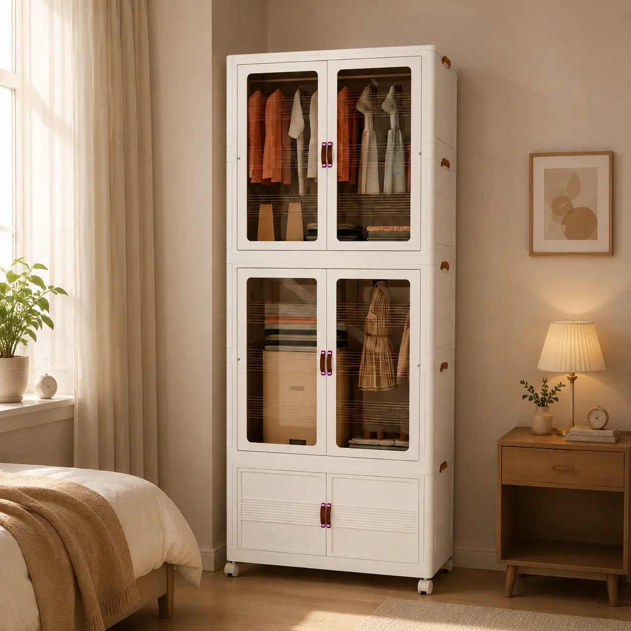Plastic Storage Cabinet with Lid - Easy-to-Assemble, Divided Compartments, Large Capacity, Stackable, Foldable, Wheeled Home Closet Organizer System