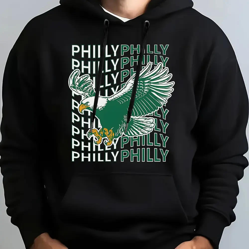 Philadelphia Eagle Football Print Men's Warm Hoodies with Kangaroo Pocket and Long Sleeve Hooded Sweatshirt Loose Casual For Autumn Winter