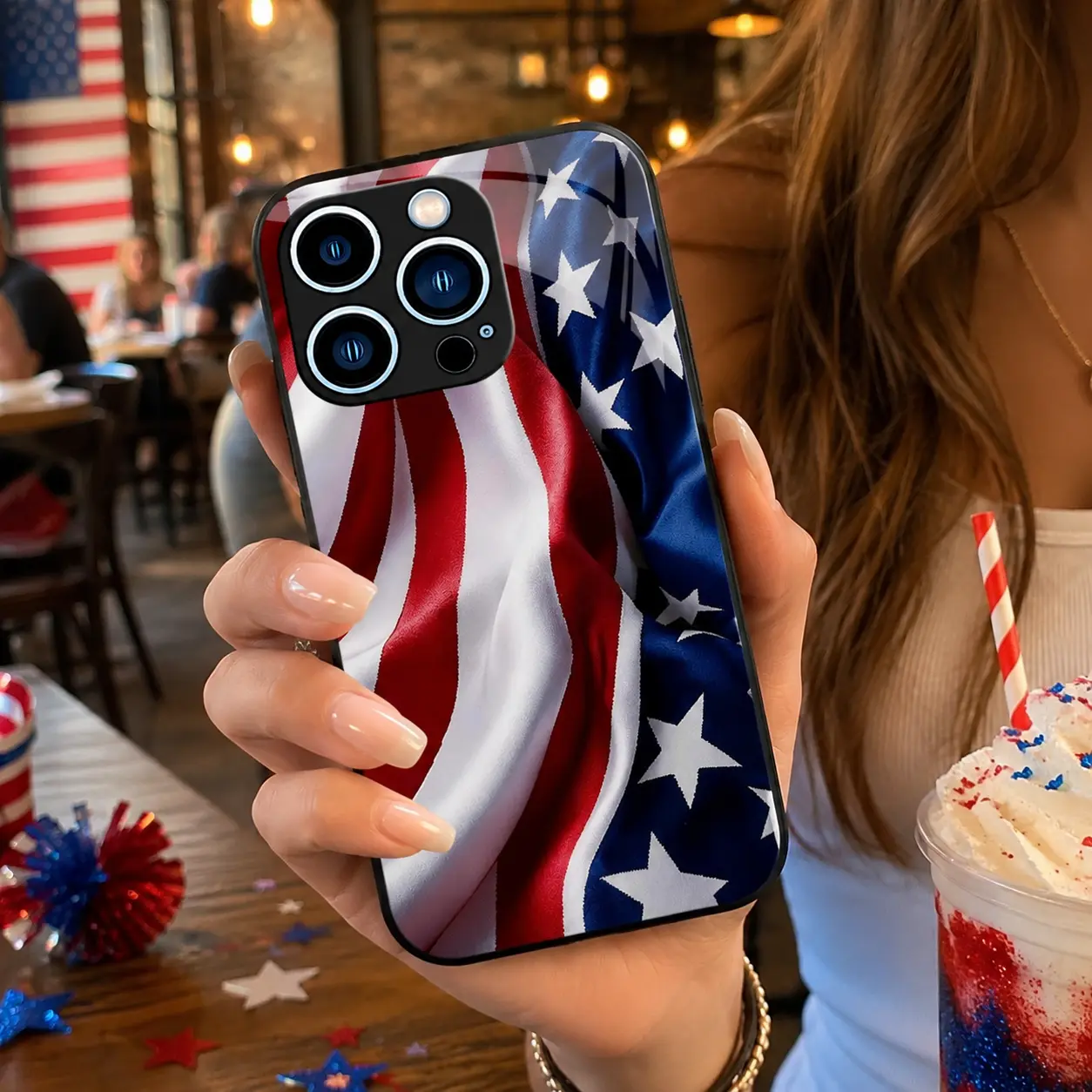 Patriotic American Flag Phone Case compatible with iPhone 16/15/14/13/12/11 and Samsung Galaxy S26/S25/S24/S23/S22, slim protective cover for Independence Day (July 4th) — 975